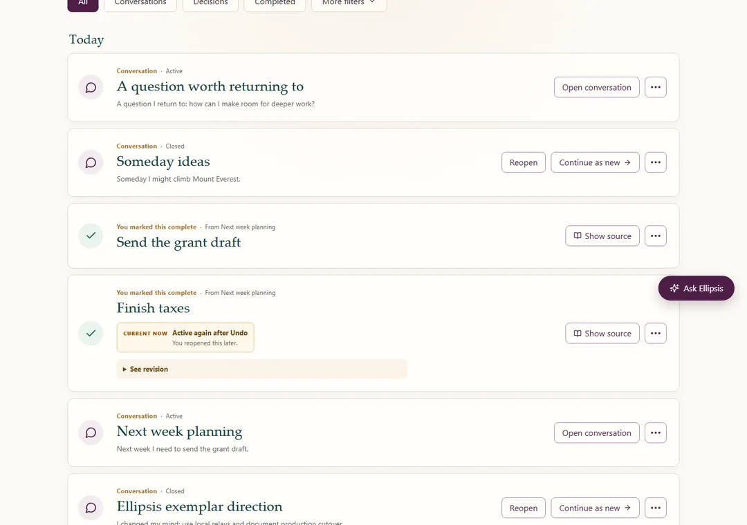 The Reflections history view organizes conversations, decisions, changes, and completed work with source links.