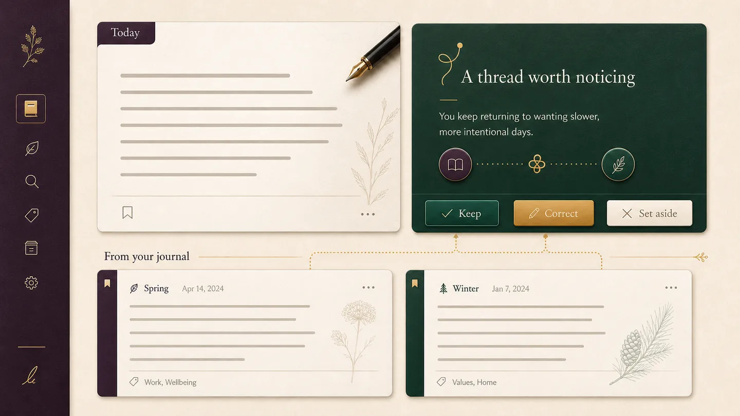 A Reflections workspace connects a current journal entry with two earlier source entries and offers choices to keep, correct, or set aside the possible connection.