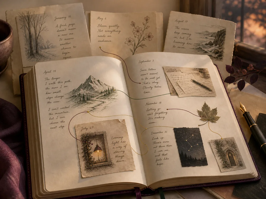 An open journal gathers pages from different seasons, connected by fine lines among a path, a lamp, a letter, a leaf, a constellation, and a doorway.